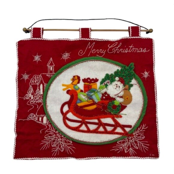 Vintage Handmade Felt Santa Sleigh Wall Hanging Christmas Decor Sequins - Picture 1 of 10